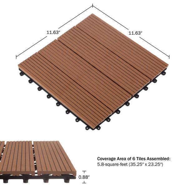 Pure Garden 1 ft. W x 1 ft. L 6 Patio Tiles Wood/Polypropylene Interlocking Deck Tile Flooring in Brown