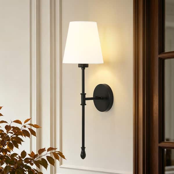 6.7 in. 1-Light Matte Black Modern Glam Wall Sconce with Fabric Shade for Bedroom Bedside Living Room Hallway Entryway