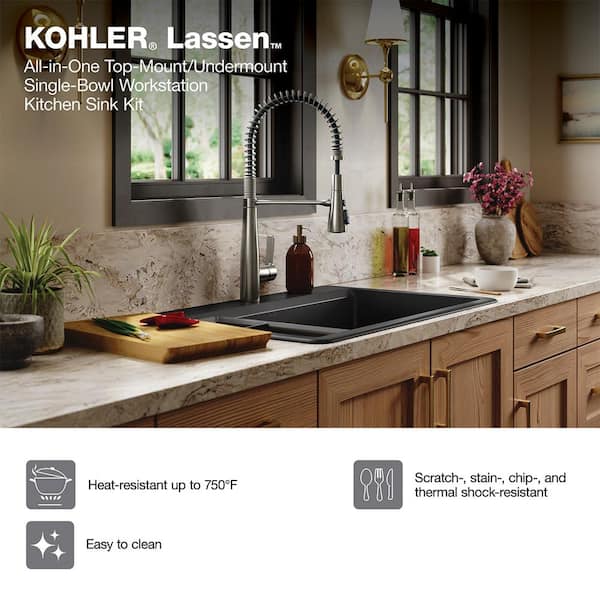 KOHLER Lassen 33 in. Drop-in/Undermount Single Bowl Granite Composite Kitchen Workstation Sink in Matte Black with Faucet
