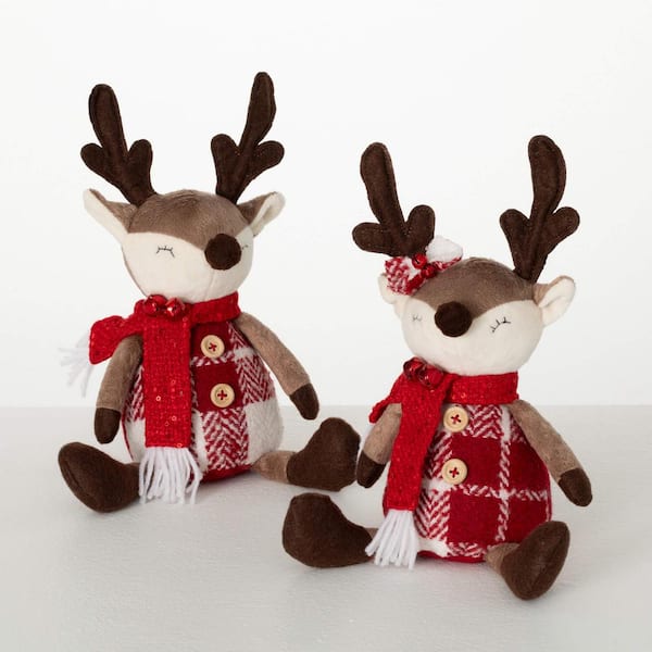 SULLIVANS 12.25 in. Christmas Plush Sitting Reindeer Set of 2