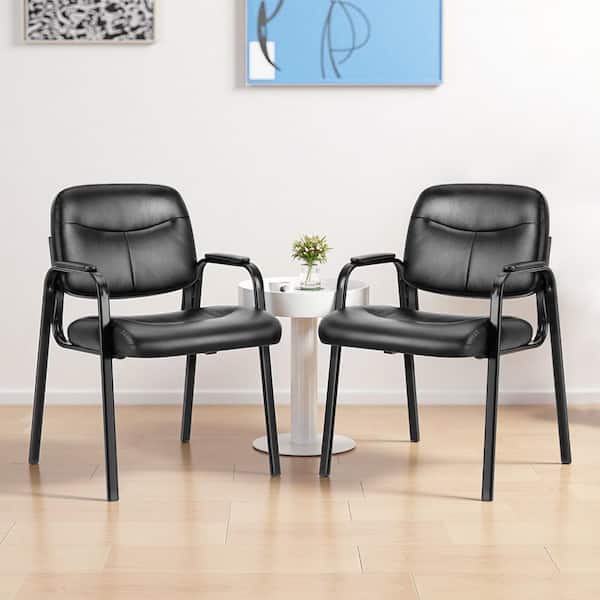 PU Leather Cushioned Guest Chair in Black with Padded Arms for Reception Conference Room, No Wheels (Set of 2)