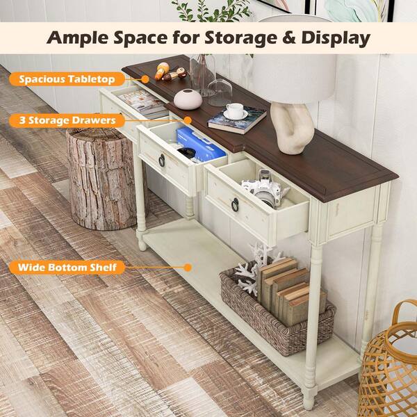 Costway 52 in. Off white Rectangle Wood Farmhouse Console Table Entryway Sideboard with 3 Drawers And Open Storage Shelf M1C111B7 The Home Depot