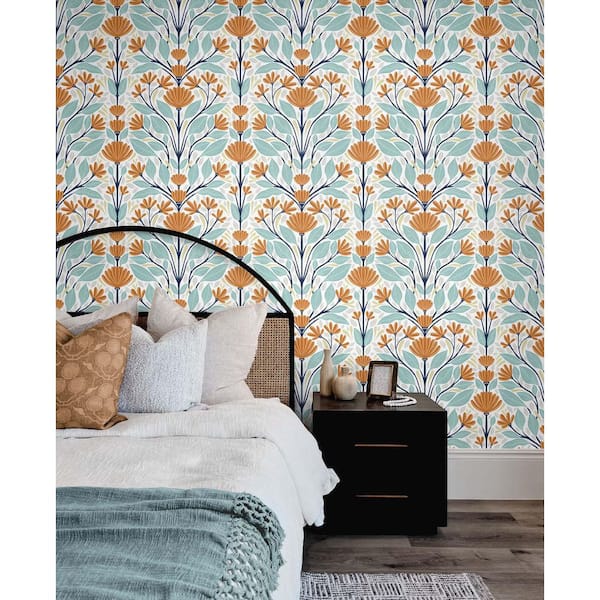 Verdigris and Orange Folk Floral Vinyl Peel and Stick Wallpaper Roll 30.75 sq. ft.