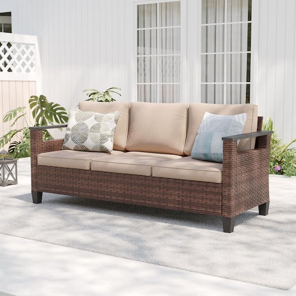 1-Piece Brown PE Wicker Patio Sofa Set All-Weather Patio Conversation Couch with Sand Cushion