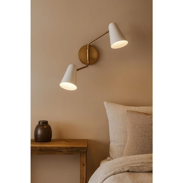 Birdie 22.75 in. 2-Light Lacquered Brass With Matte White Accents Wall Sconce
