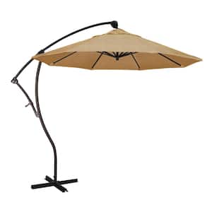 9 ft. Bronze Aluminum Cantilever Patio Umbrella with Crank Open 360 Rotation in Linen Sesame Sunbrella