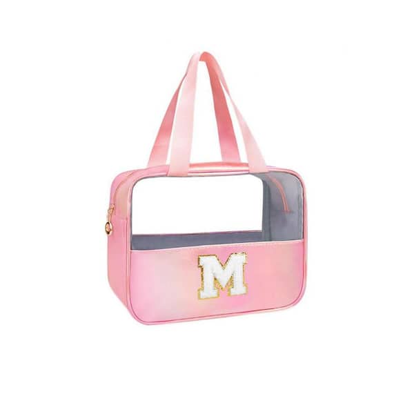 Pink Clear Makeup Bag, Large Cosmetic Organizer with Golden Glitter Patch, Travel Toiletry Bag for Women and Girls