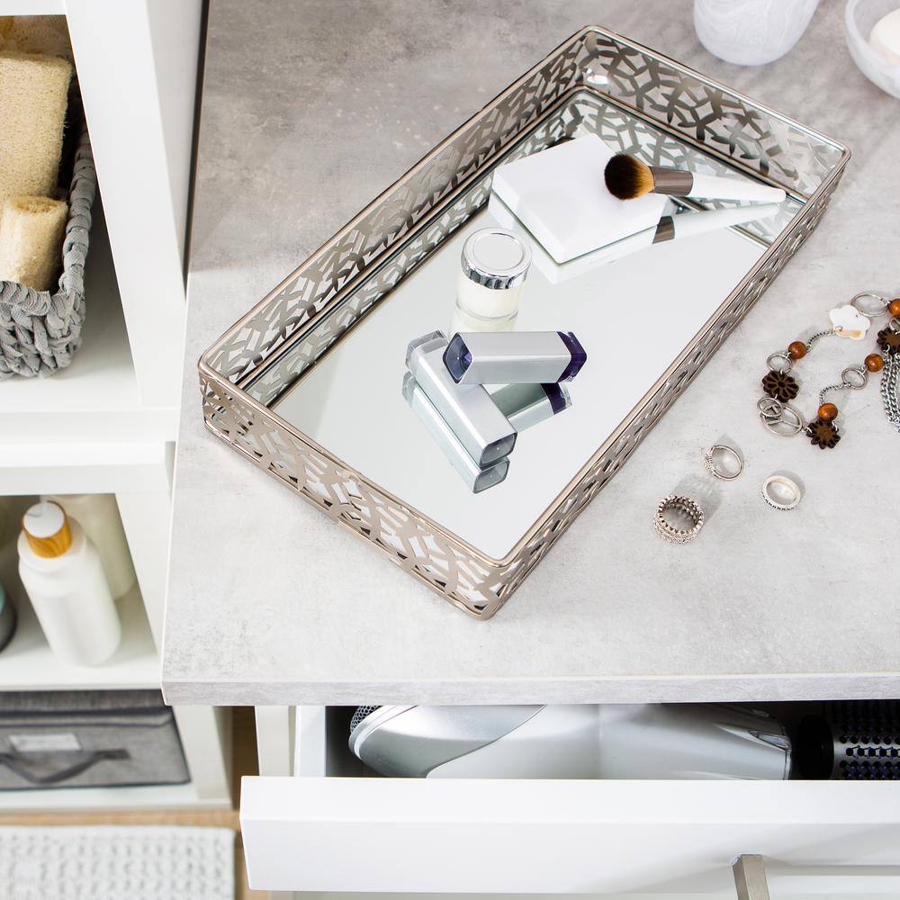 Satin Nickel Leaf Design Mirrored Vanity Tray