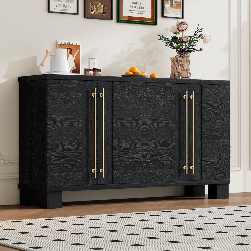 Black Wood Buffet Sideboards with Storage, Adjustable Shelves, Gold Handles