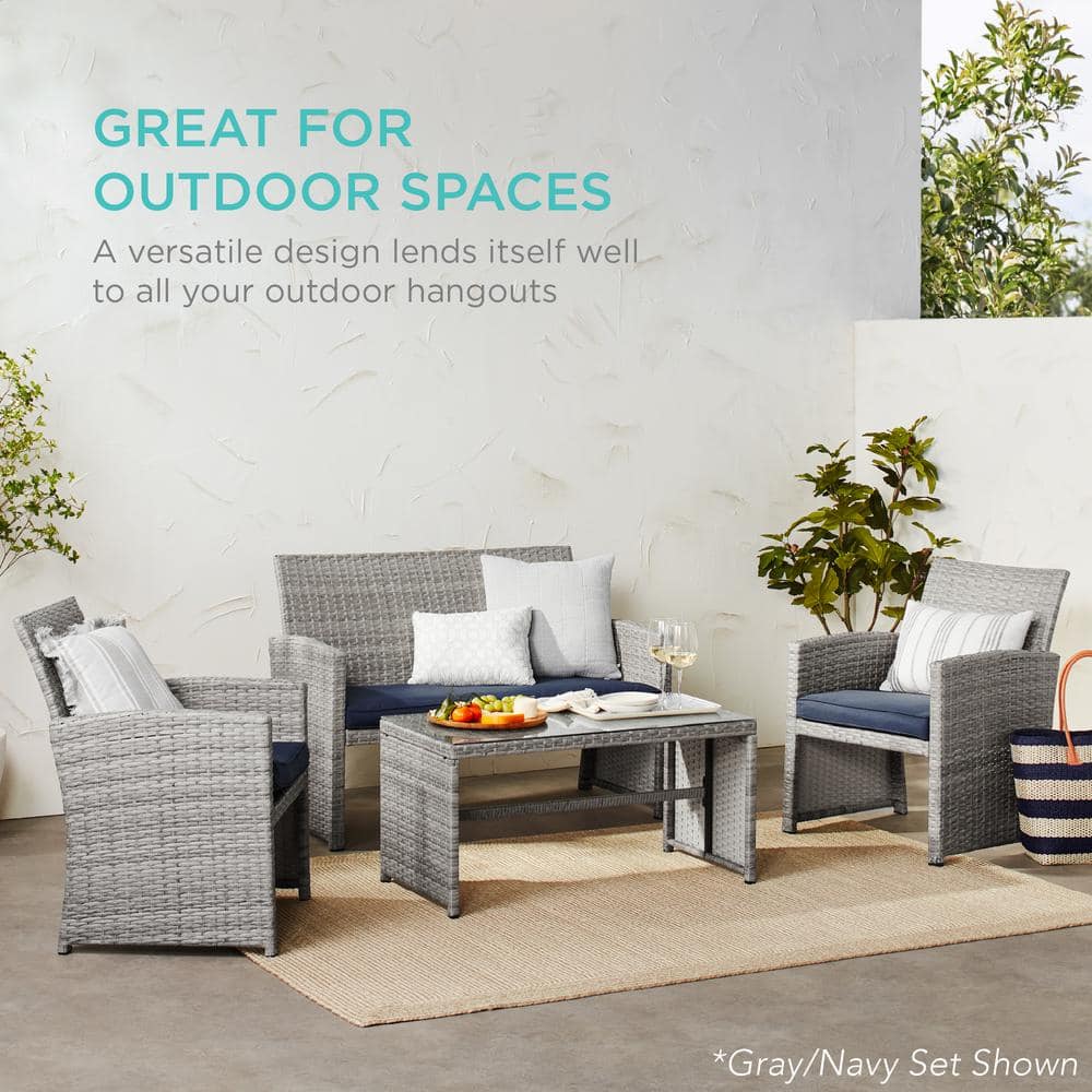 Gray and Black Wicker 4-Piece Patio Conversation Set with Cushions