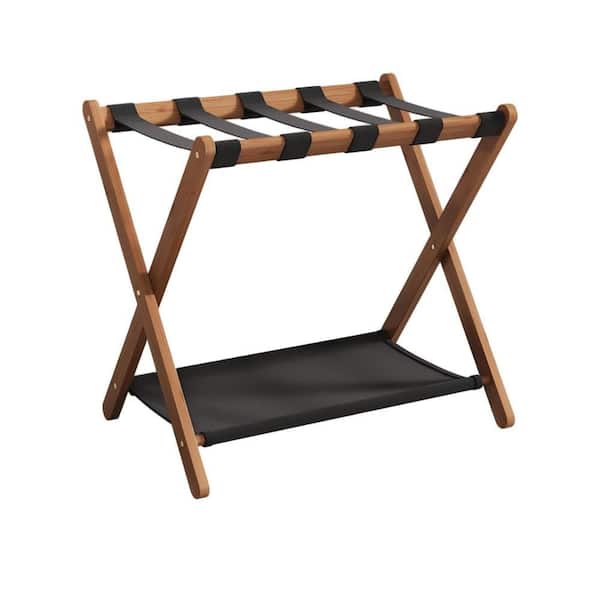 Walnut Polished Bamboo Folding Luggage Rack with Dual Storage Shelf, Heavy Duty for Suitcases and Shoes, 2 Pack