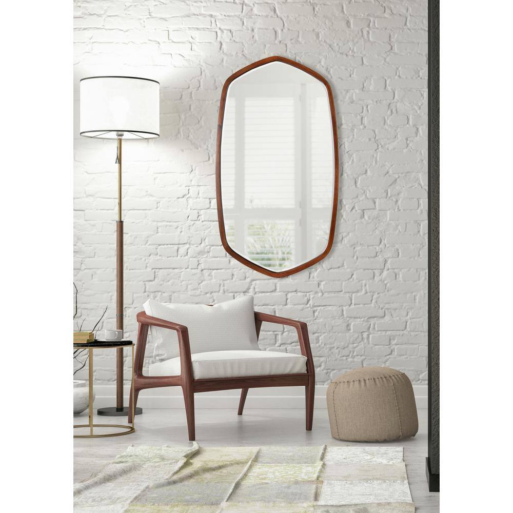 Walnut Brown Oblong Hexagon Wall Mirror with Wood Frame