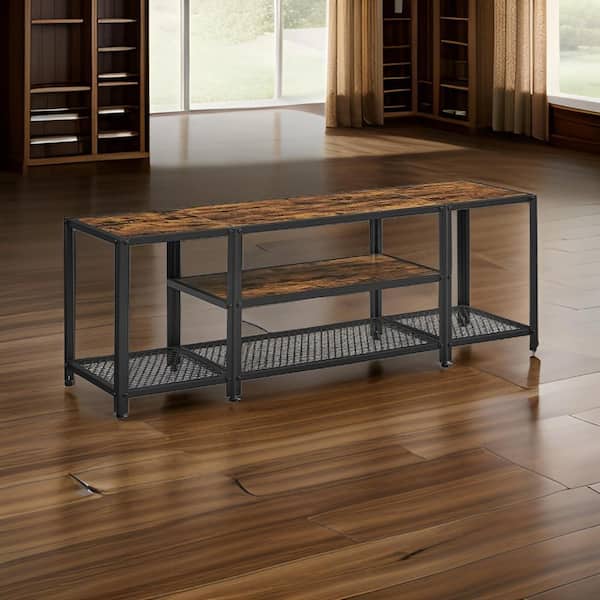 Benjara Sen Black and Brown Wood TV Stand Entertainment Center Fits TVs up to 57.33 in. with Open Shelf