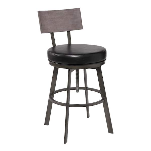 Armen Living Montreal Mid-Century Adjustable Mineral with Black Faux Leather and Grey Walnut Wood Back Bar Stool
