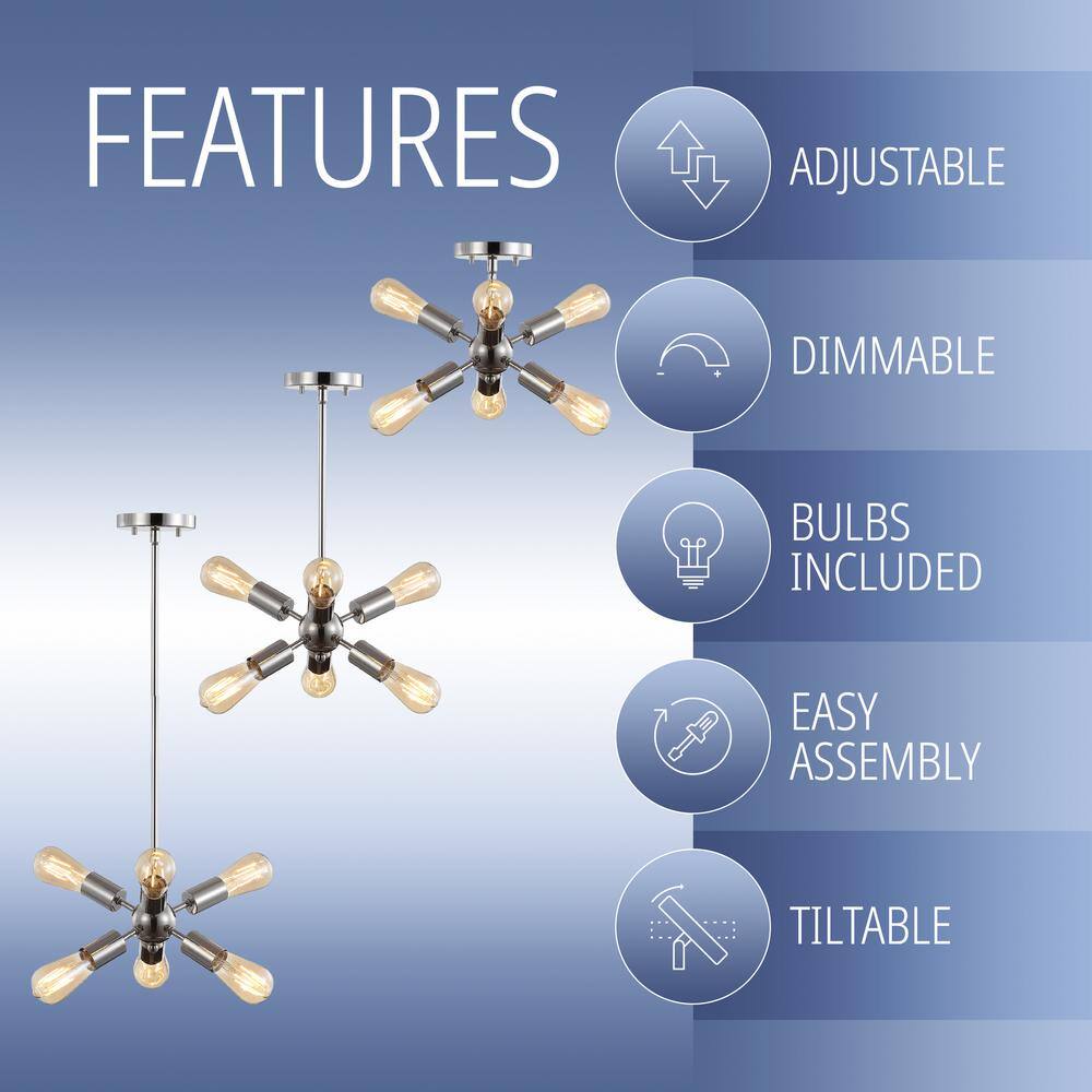 Adjustable Nickel Sputnik Chandelier with LED Bulbs