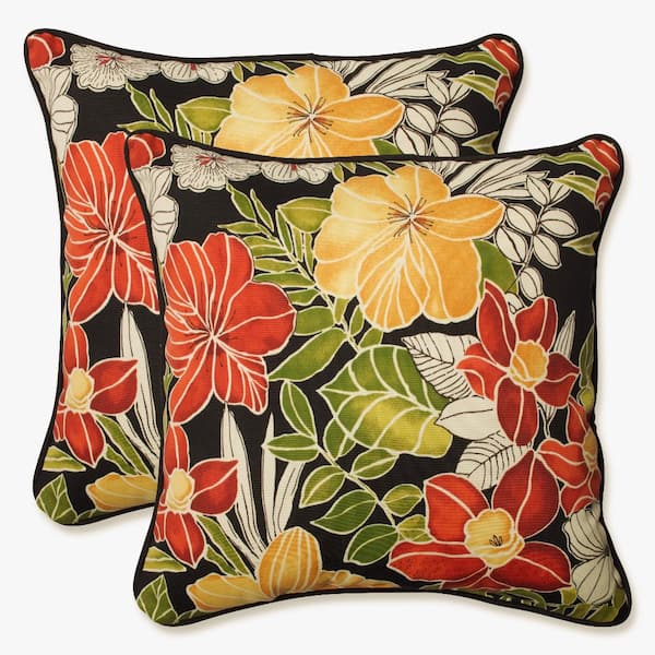 Pillow Perfect Floral Black Square Outdoor Square Throw Pillow 2-Pack