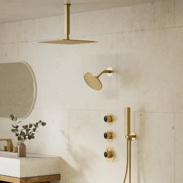 FlexiRain 5-Spray Dual Ceiling Mount 12 in. Fixed and Handheld Shower Head 2.5 GPM in Brushed Gold Valve Included