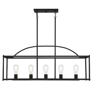 Palladian 38 in. W x 16 in. H 5-Light Matte Black Linear Open Cage Metal Chandelier