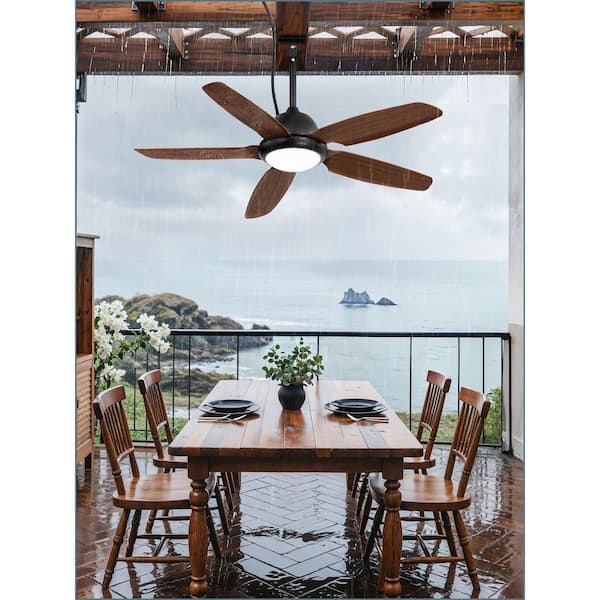52 in. Black Downrod Mount Waterproof Wet Rated Standard Outdoor Ceiling Fan with LED Light with Remote