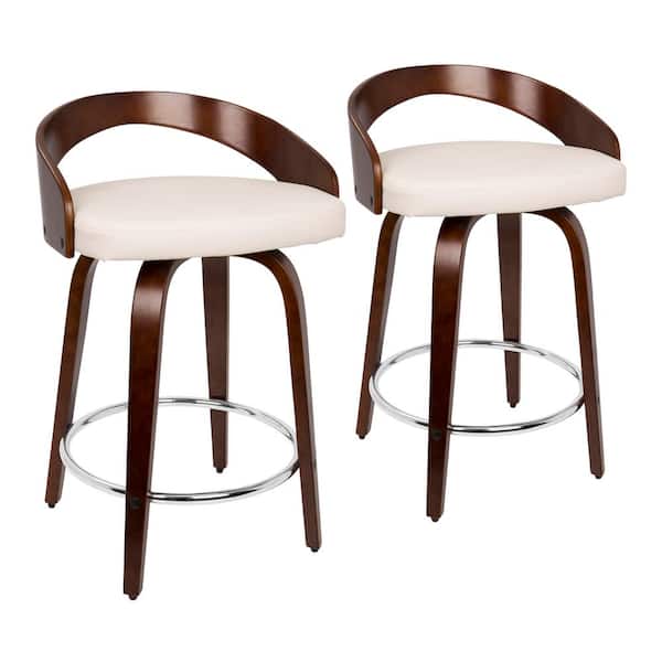 Lumisource Grotto 29.75 in. Counter Height Bar Stool in White Faux Leather and Cherry Wood (Set of 2)