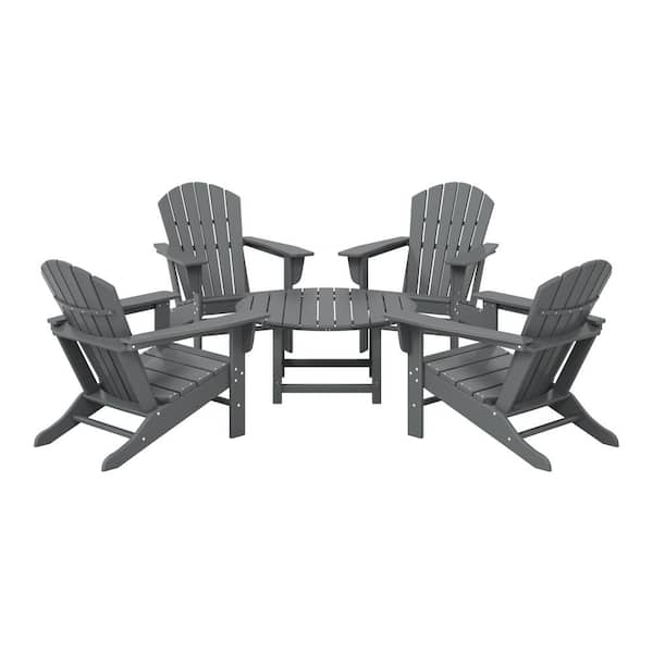 Altura Fade Resistant HDPE Plastic Gray 5-Piece Adirondack Chair Outdoor Patio Conversation Set, Round Coffee Table