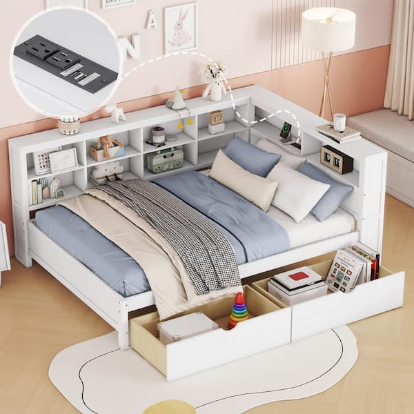 White Wood Frame Full Size Daybed with 2-Spacious Drawers, Storage Shelf, USB Ports and Sockets