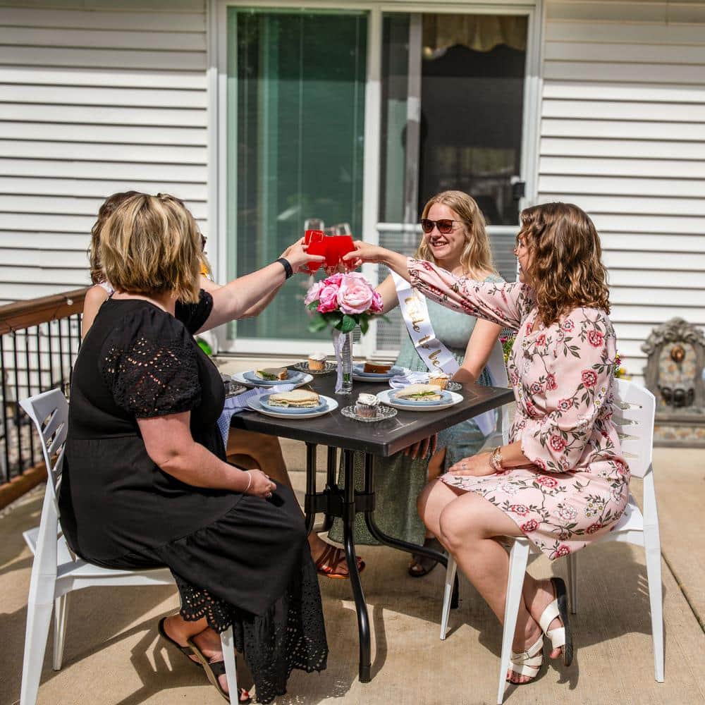 Black Square Polypropylene Top Outdoor Dining Table with Curved Iron Legs