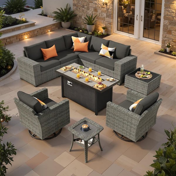Lullaby 10-Pieces Wicker Outdoor Patio 54 in. Rectangular Fire Pit Set and Swivel Rocking Chairs with Black Cushions