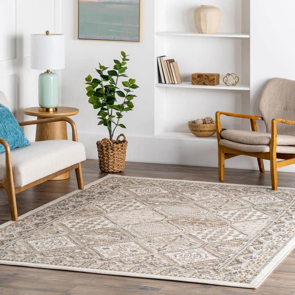 Beige Geometric Easy-Care Synthetic Area Rug, 9' x 12'