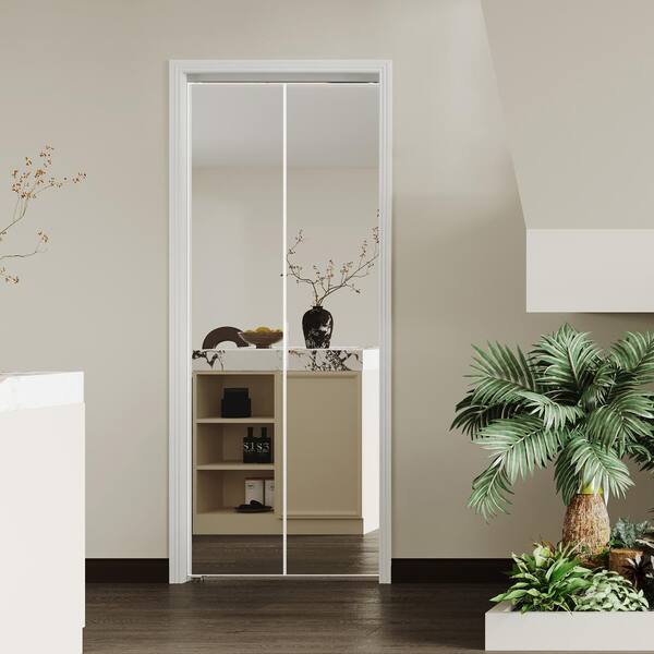 24 in. x 80 in. Mirrored Glass, White, Hollow Core, MDF, Aluminum Frame, Full Lite Bi-Fold Doors with Hardware Kits