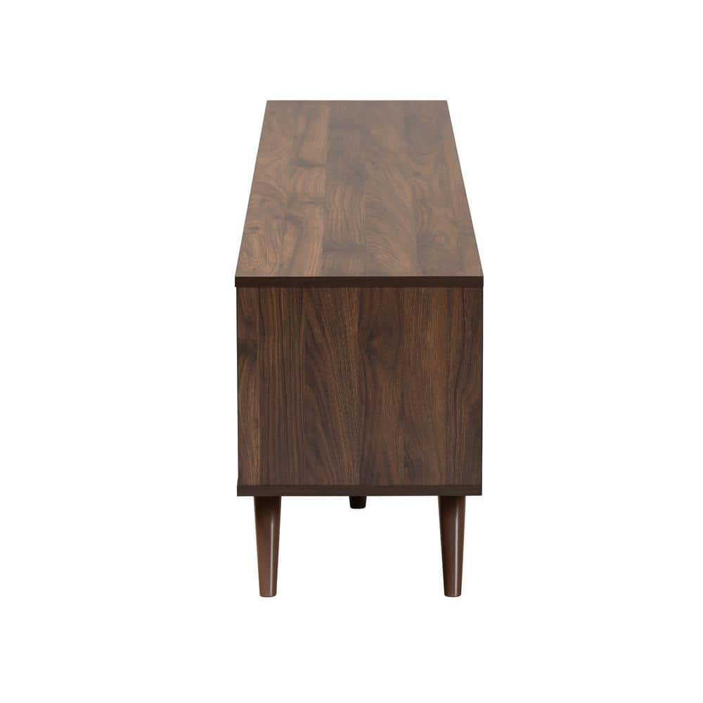 Gray and Walnut Wood TV Stand with Drop-Down Compartments