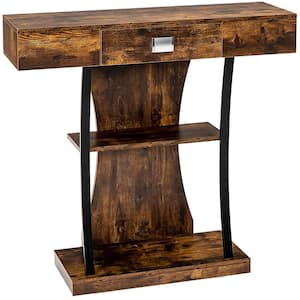 35 in. Rustic Brown Rectangle Wooden Sofa Console Table with Drawer and 2-Tier Shelves for Entryway Living Room