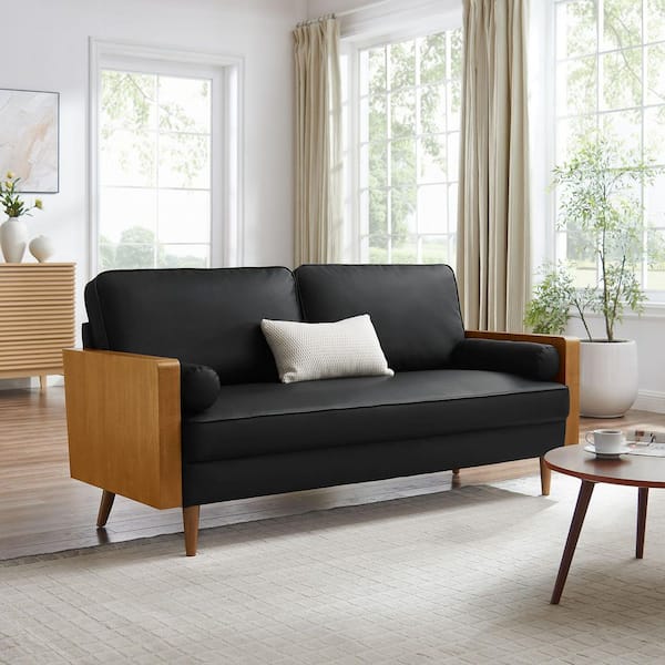 Kellan 72 in. Square Arm Vegan Leather Rectangle Sofa in Walnut Black