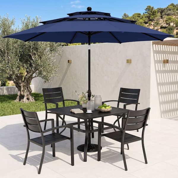 6-Piece Metal Outdoor Patio Dining Set with Stackable Chairs and Navy Blue Umbrella