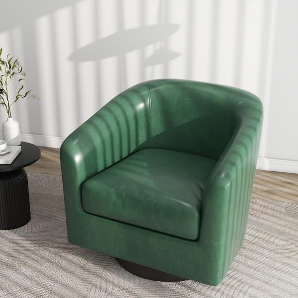 Uixe Green PU Leather Upholstered 360° Swivel Arm Chair With Wood