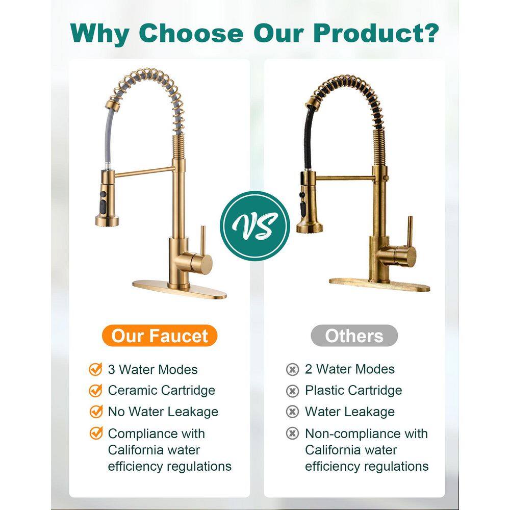 Brushed Gold Stainless Steel Pull Down Kitchen Faucet with Soap Dispenser