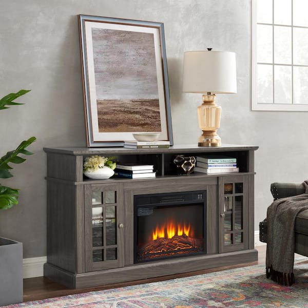 58 in. Freestanding Classic TV Stand Entertainment Console 23 in. Fireplace Insert TV Up to 65 in., Black + Dark Walnut