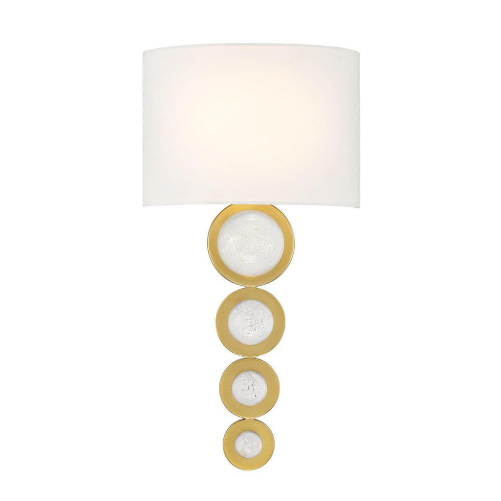 Marseille 9 in. W x 17.50 in. H 1-Light Integrated LED Warm Brass Contemporary Wall Sconce with White Fabric Shade price history on PriceWatchPro