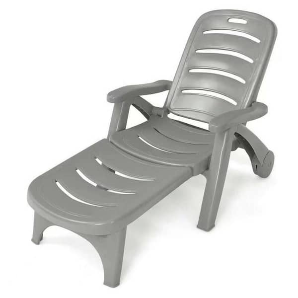 Unbranded Plastic 5-Position Adjustable Outdoor Chaise Lounge Folding Lounger Chaise with Wheels in Gray