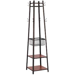 Industrial Coat Rack Freestanding, Brown-3 Clothes Stand with Metal Basket and 2-Shelves, Purse Hanger with 8-Dual Hooks