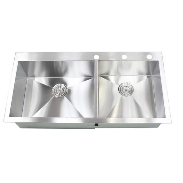 Kingsman Hardware Topmount / Drop-in 16-Gauge 42-7/8 in. x 21-1/2 in. x 10 in. Stainless Steel Double Bowl 60/40 Zero Radius Kitchen Sink