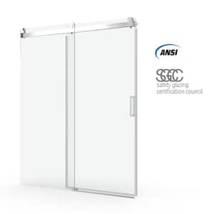 60 in. W x 76 in. H Soft Close Sliding Frameless Shower Door in Brushed Nickel Finish with 3/8 in. Clear Glass