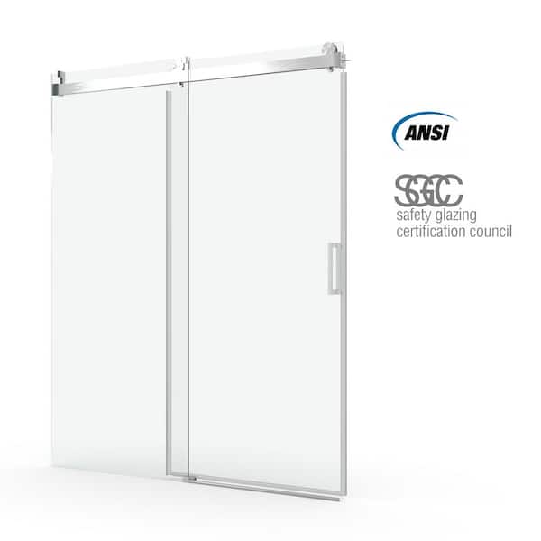 Logmey 60 in. W x 76 in. H Soft Close Sliding Frameless Shower Door in Brushed Nickel Finish with 3/8 in. Clear Glass