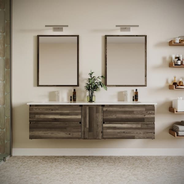 Formosa 72 in. Double Sink Wall Mount Floating Acacia Bath Vanity with White Quartz Top, Ceramic Sinks and Mirrors