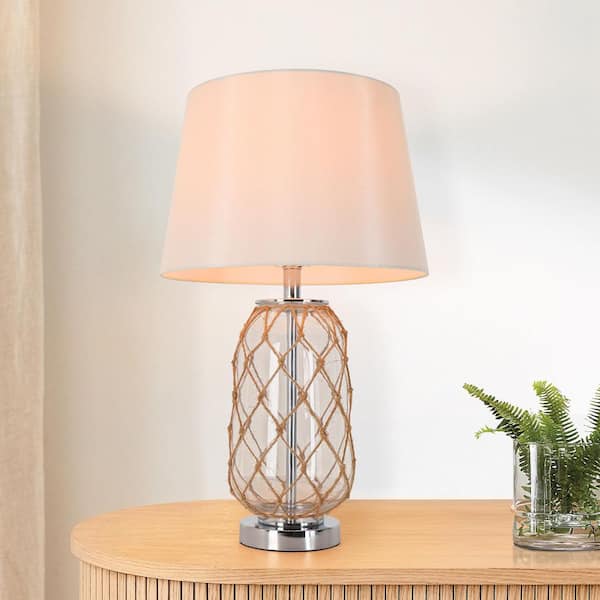 LNC Modern 26 in. Chrome Classic Tapered Table Lamp for Living Room with White Fabric Shade and Rope Accent Glass Base
