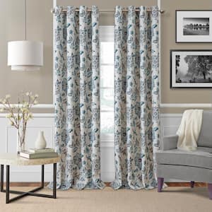 Blue/Taupe Floral Blackout Curtain - 52 in. W x 84 in. L