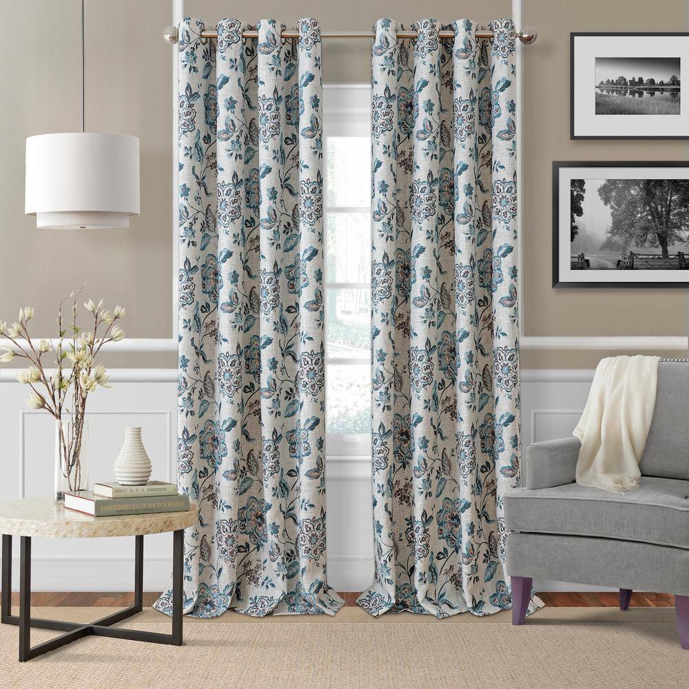Blue Taupe Floral Blackout Grommet Curtain Panel 52" x 95"
