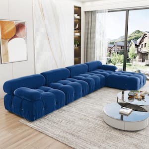 139 in. Square Arm (5-Seater) Velvet Convertible L-Shaped Modular Sectional Sofa with Ottoman in Blue