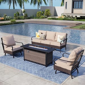 Metal Frame Dark Brown Rattan 4-Piece Steel Outdoor Fire Pit Patio Set with Beige Cushions, Rectangular Fire Pit Table