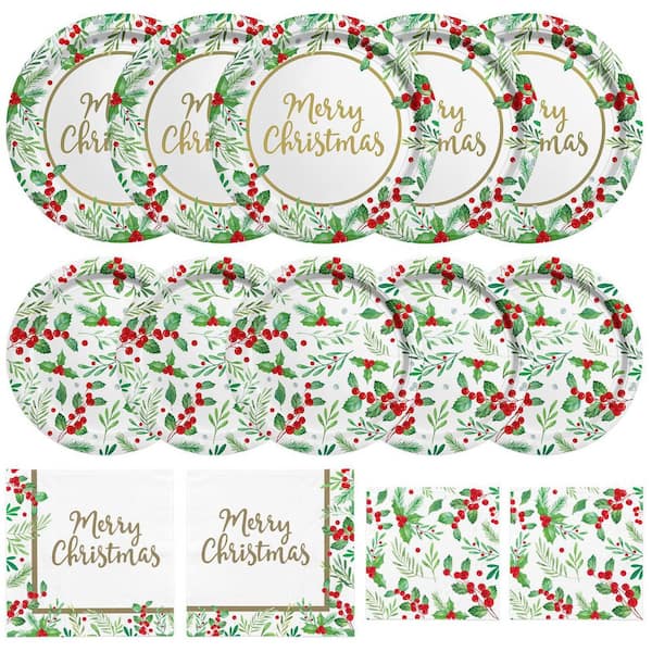 Christmas Holly Paper Tableware Set for 50, Includes Dinner Plates, Dessert Plates, and Napkins for Party